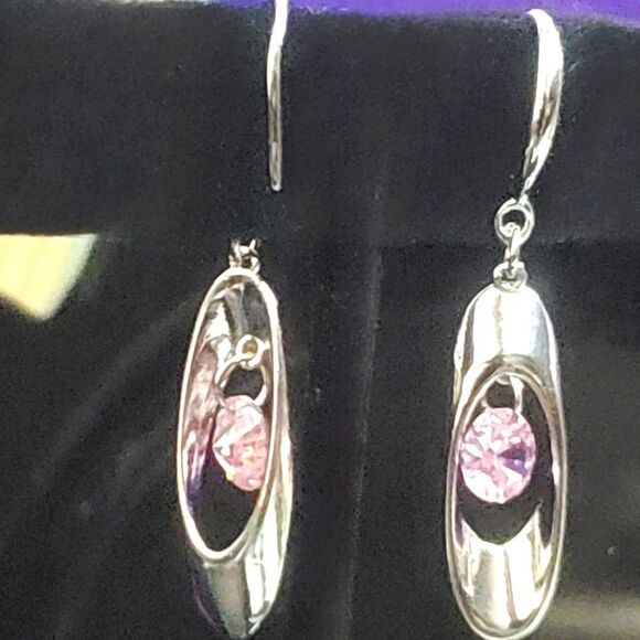Round Pink Crystal Long Dangle Fishhook Earrings on 925 Silver - Picture 10 of 10